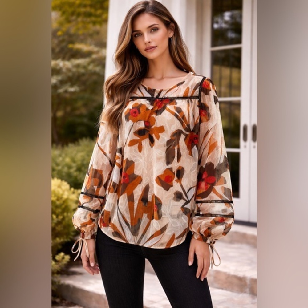 Massimo Dutti Floral Boho Blouse Sz 8 Earth Tone & Red Accents Tie Long Sleeves